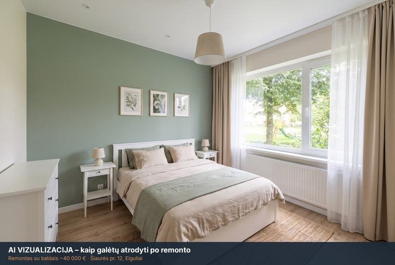 AI vizualizacija: miegamasis po remonto – Šiaurės pr. 12, Eiguliai